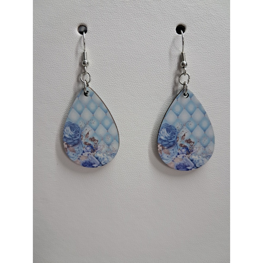 Blue Floral Quilted Pattern Teardrop Earrings Silver‎ Tone Fishhook Drop Jewelry